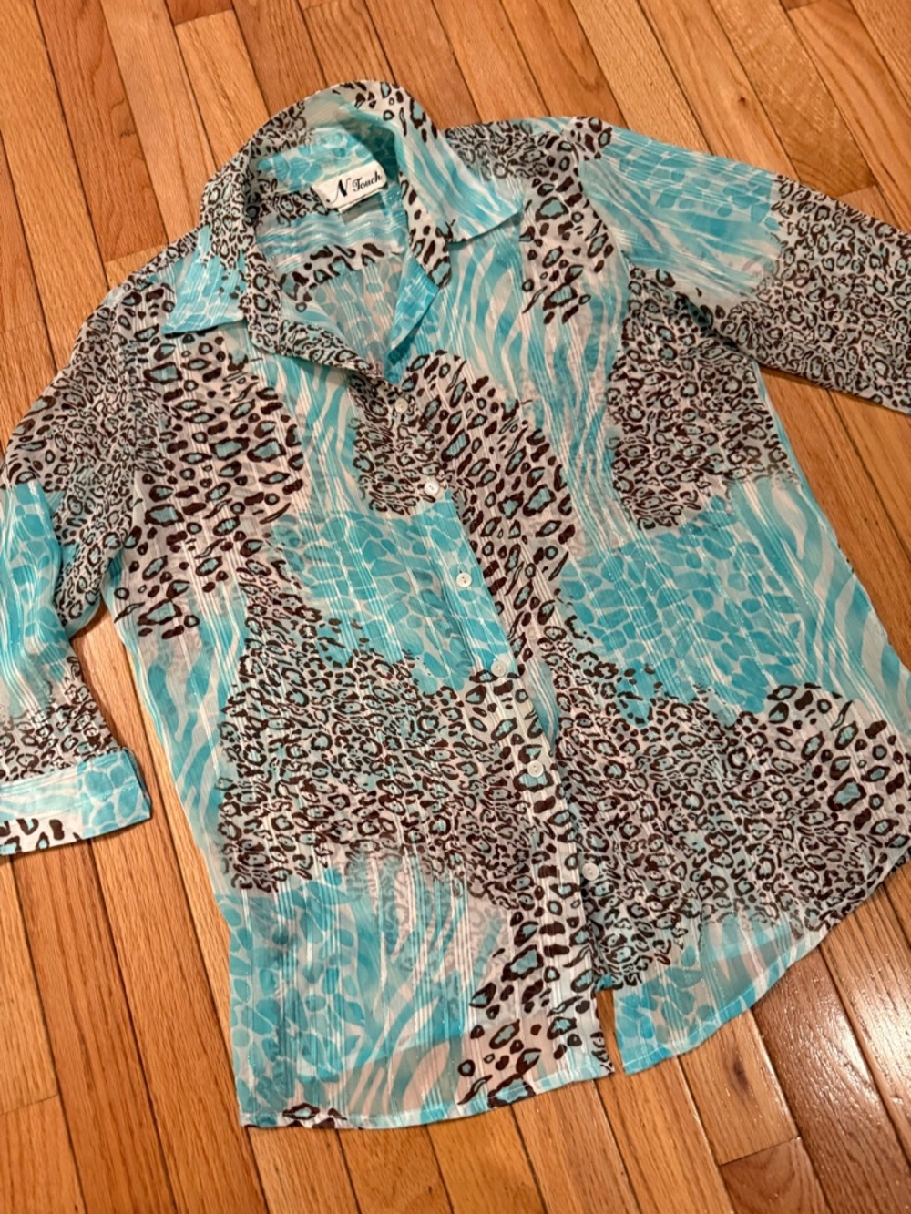 Sheer Animal & Aqua Patchwork Print Metallic Button-Up Blouse Size M - Picture 2 of 7